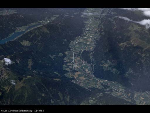 Agriculture in a European valley (aerial)