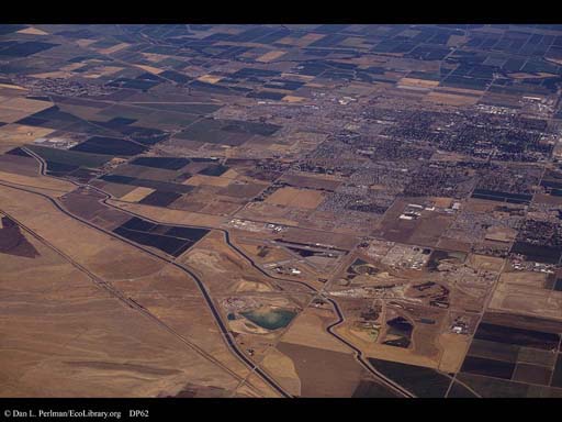 Sprawl and farms, California, aerial
